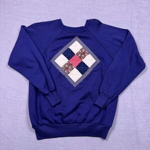 VTG Action Womens Blue Quilted Diamond Patchwork Sweatshirt Size L Made‎ in USA